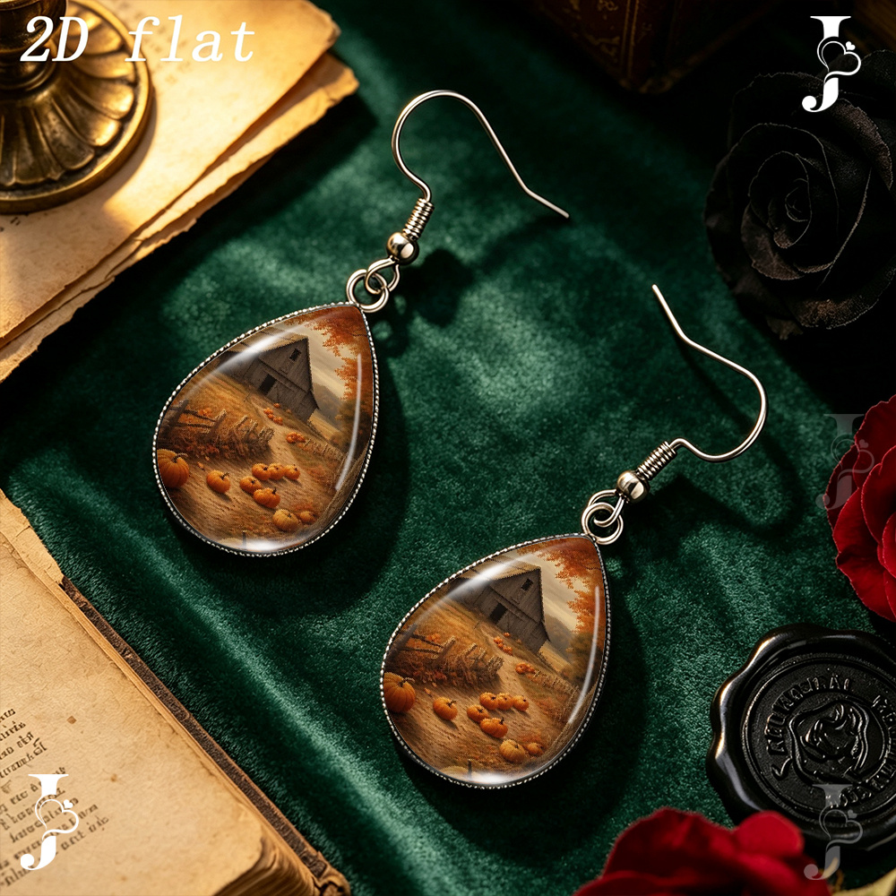 Autumn Farm Barn Pumpkin Path Teardrop Dangle Earrings